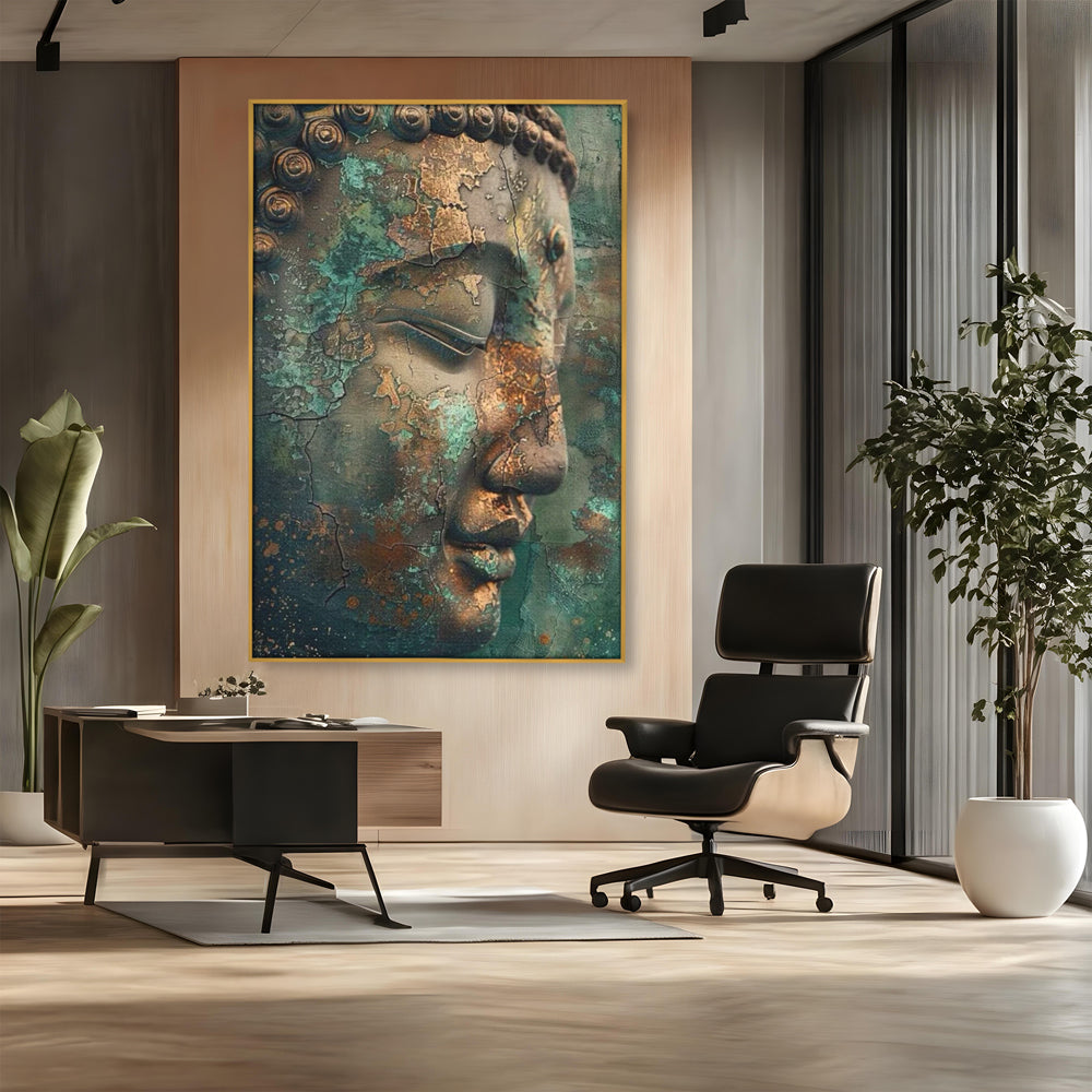 Tablou canvas cu tablou canvas cu profil de buddha, in rama de aluminiu auriu, pe perete intr-un birou